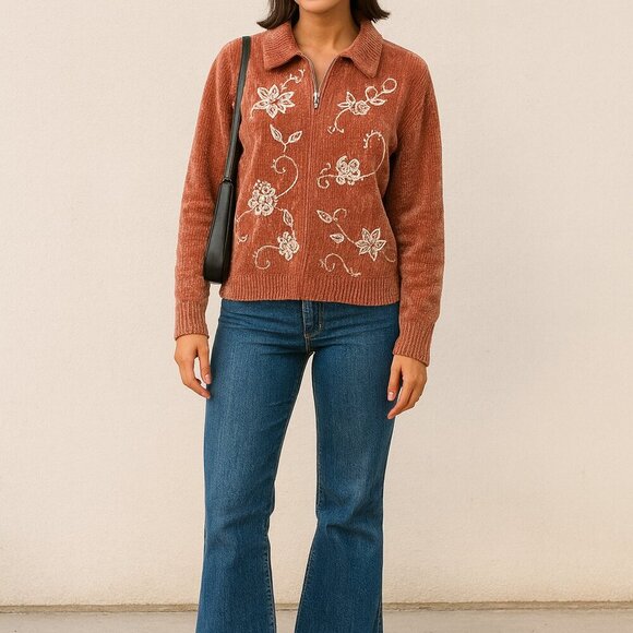 Alfred Dunner Women’s XL Coral Pink Full Zip Sweater Embroidered Flowers - Picture 1 of 9